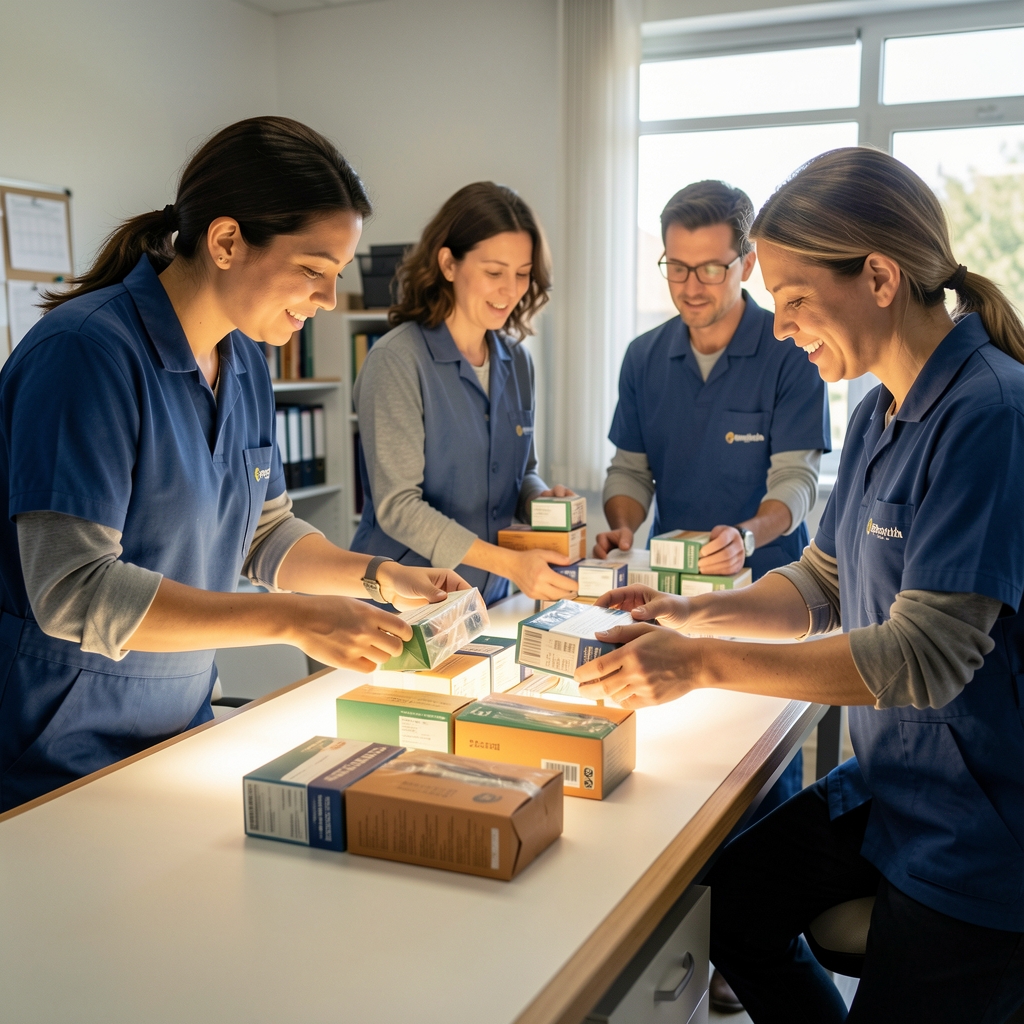 Equipo de atención de Stolvena revisando paquetes sobre mesa de trabajo luminosa