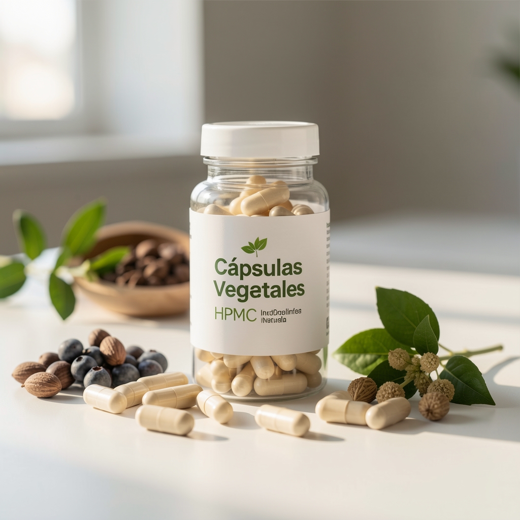 Cápsulas vegetales HPMC y frasco de suplemento sobre mesa clara con ingredientes naturales