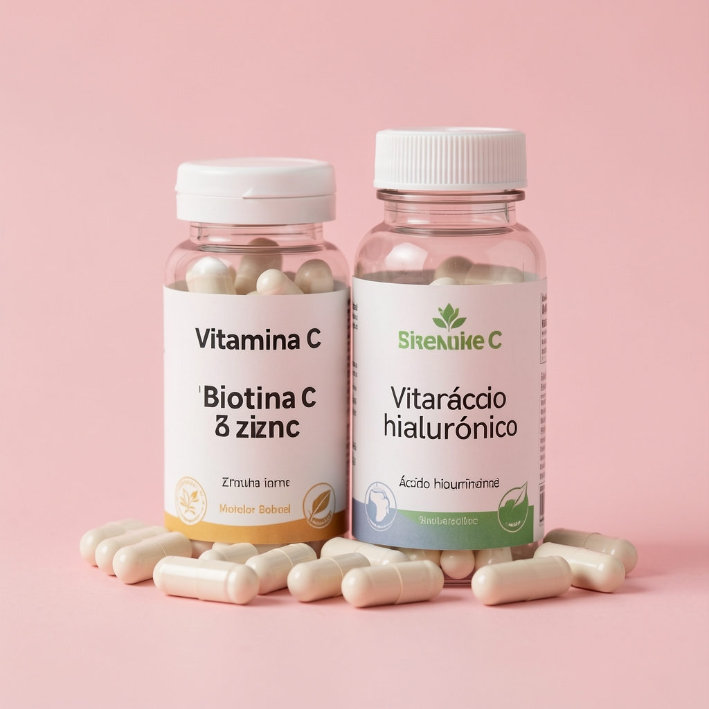 Vitamina C biotina zinc y ácido hialurónico representados junto a cápsulas sobre fondo rosado claro