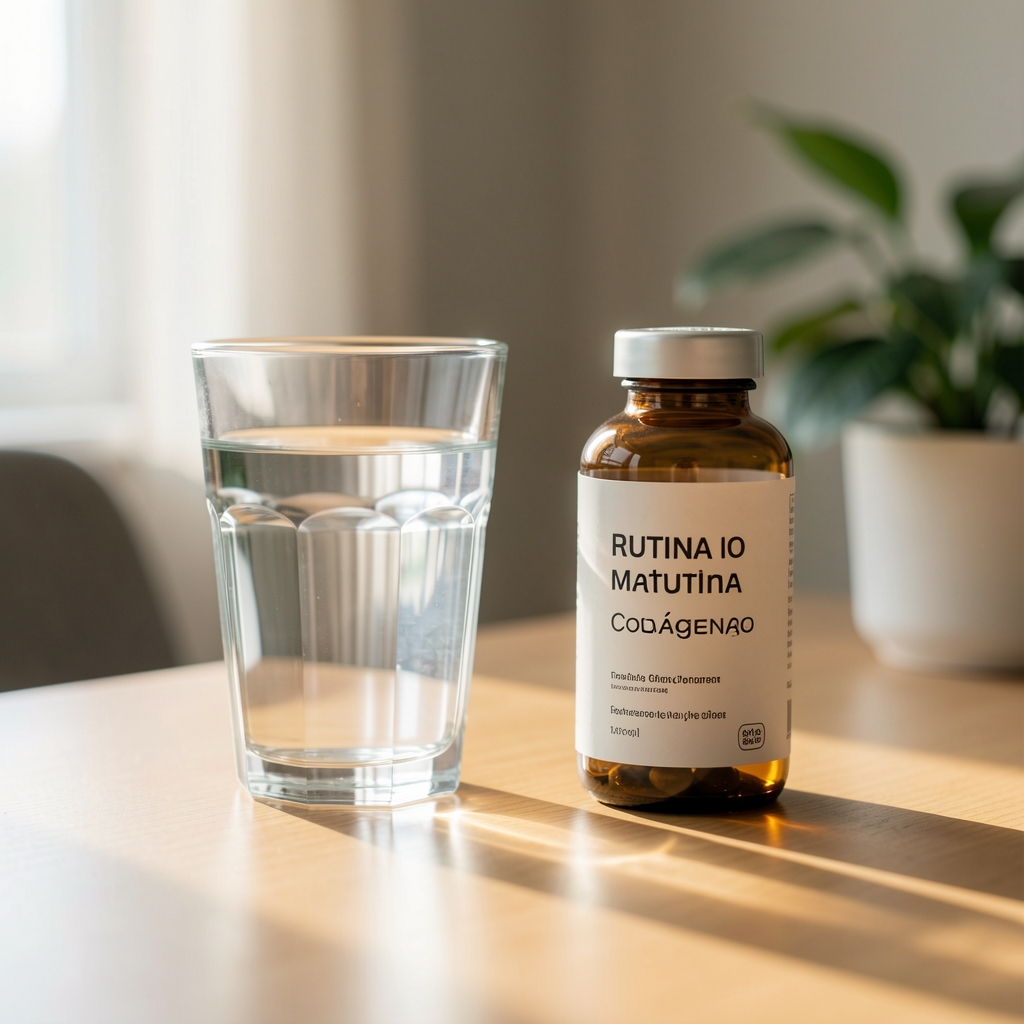 Rutina matutina con vaso de agua y frasco de Colágeno Marino Plus sobre mesa luminosa