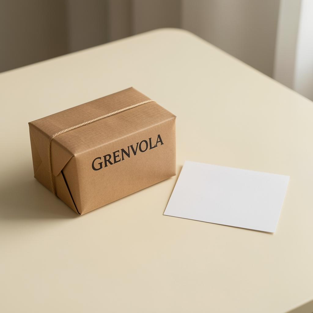 Paquete de Stolvena cuidadosamente cerrado junto a tarjeta de reseña sobre mesa crema